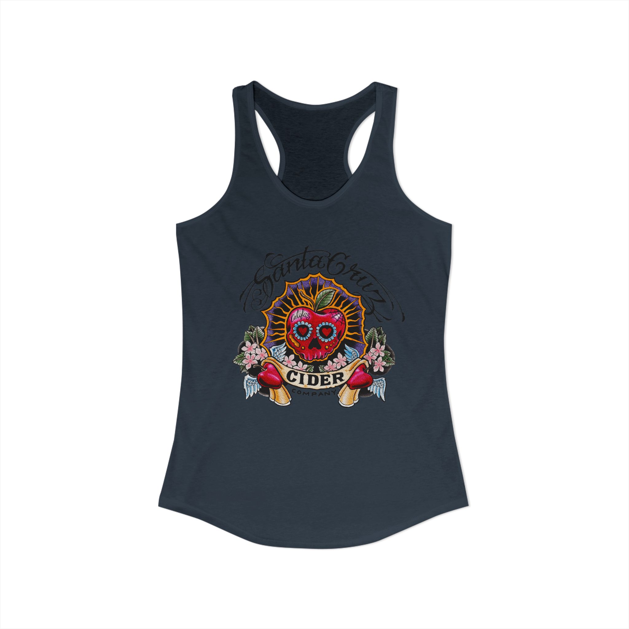 SCCC Colorful Sugar Skull Fun Summer Women’s Racerback Tank, Casual Beachwear, Gift for Her, Heart Cider Design, Vacation Top, Festival Outfit - Image 5