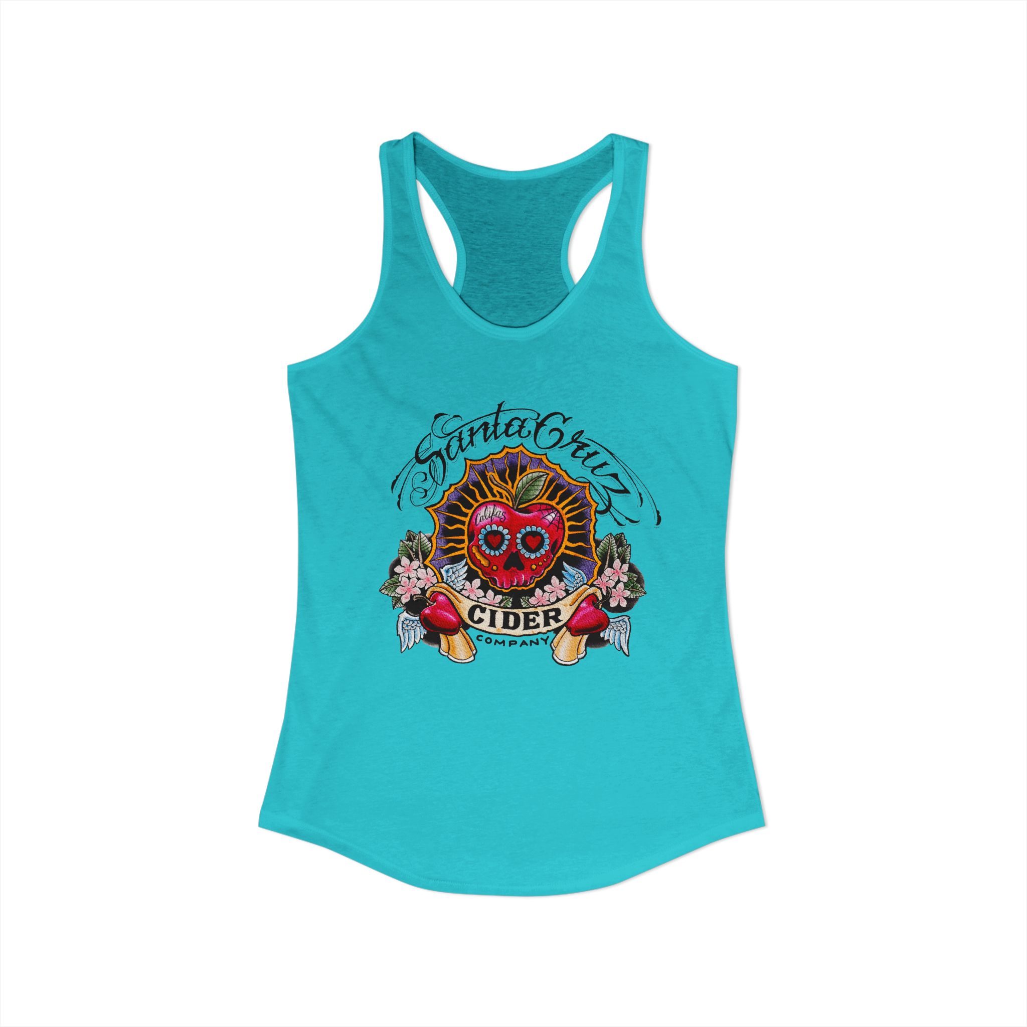 SCCC Colorful Sugar Skull Fun Summer Women’s Racerback Tank, Casual Beachwear, Gift for Her, Heart Cider Design, Vacation Top, Festival Outfit - Image 3
