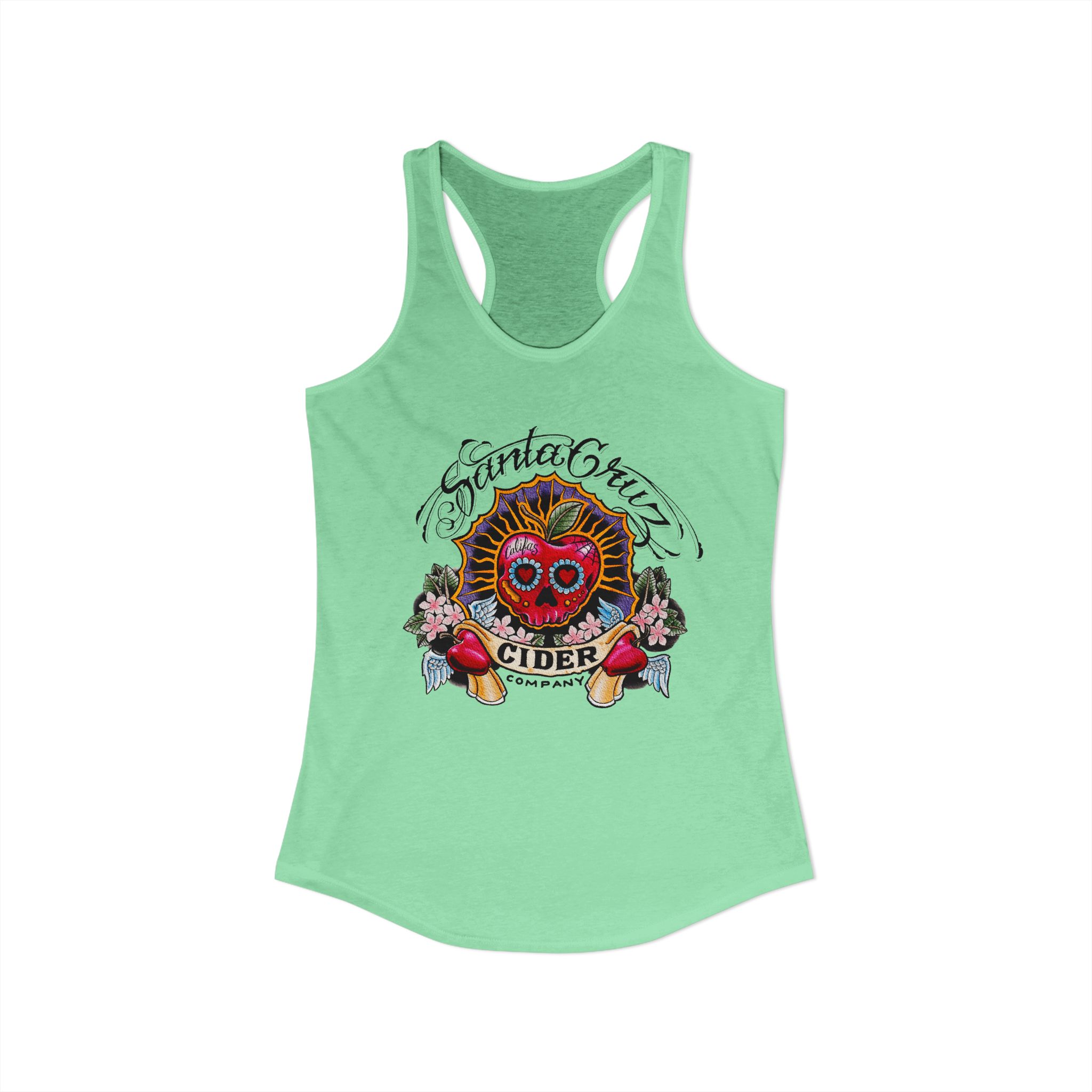 SCCC Colorful Sugar Skull Fun Summer Women’s Racerback Tank, Casual Beachwear, Gift for Her, Heart Cider Design, Vacation Top, Festival Outfit