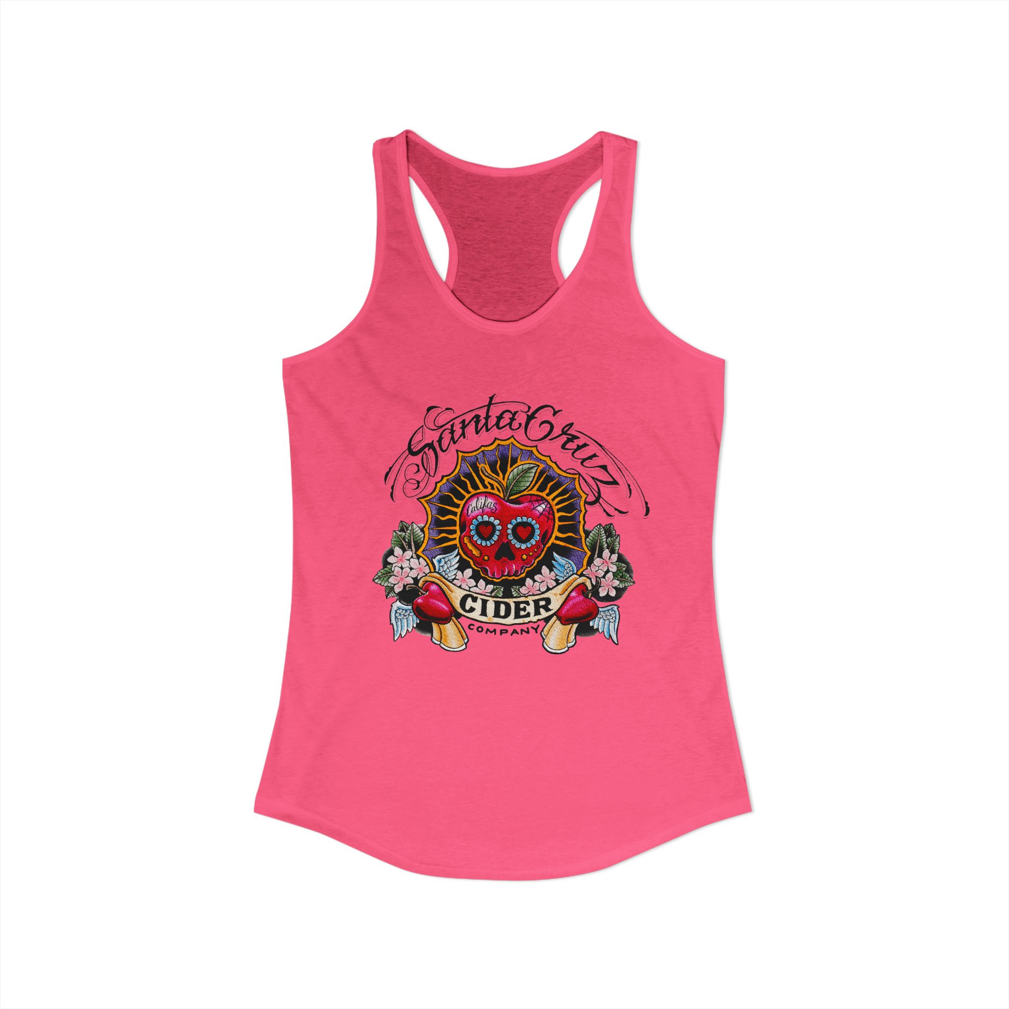 SCCC Colorful Sugar Skull Fun Summer Women’s Racerback Tank, Casual Beachwear, Gift for Her, Heart Cider Design, Vacation Top, Festival Outfit - Image 7